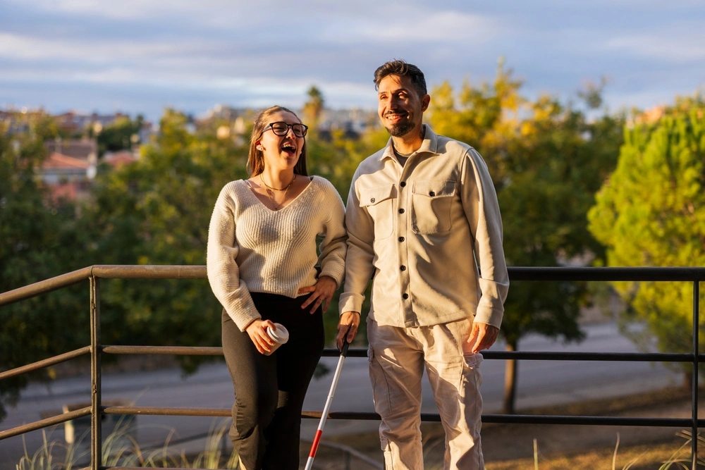 friends laughing together and walking